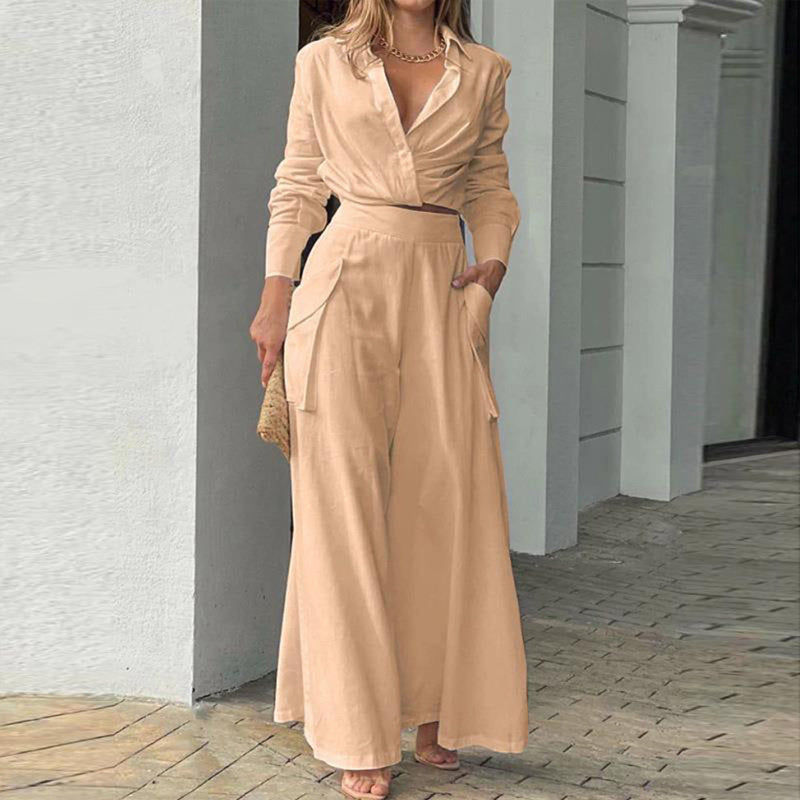 Women's Plus Size Elegant Pant Set - Crisscross Detail Top & Wide Leg Pants With Pockets Office & Casual Outfit