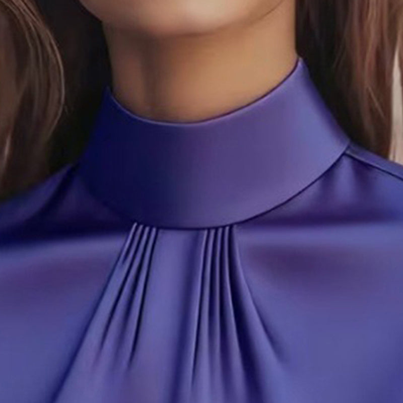 Women's Elegant Solid Color High-Neck Satin Short Sleeve Top, Summer Office Blouse With Ruffle Detail