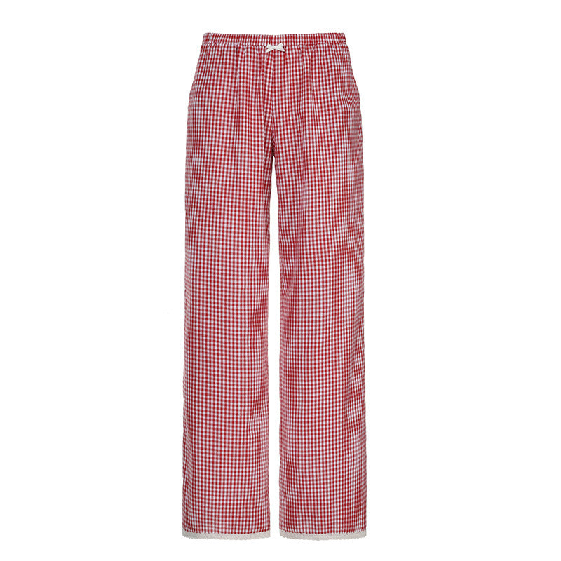 American Casual Contrast Color Red Plaid Trousers