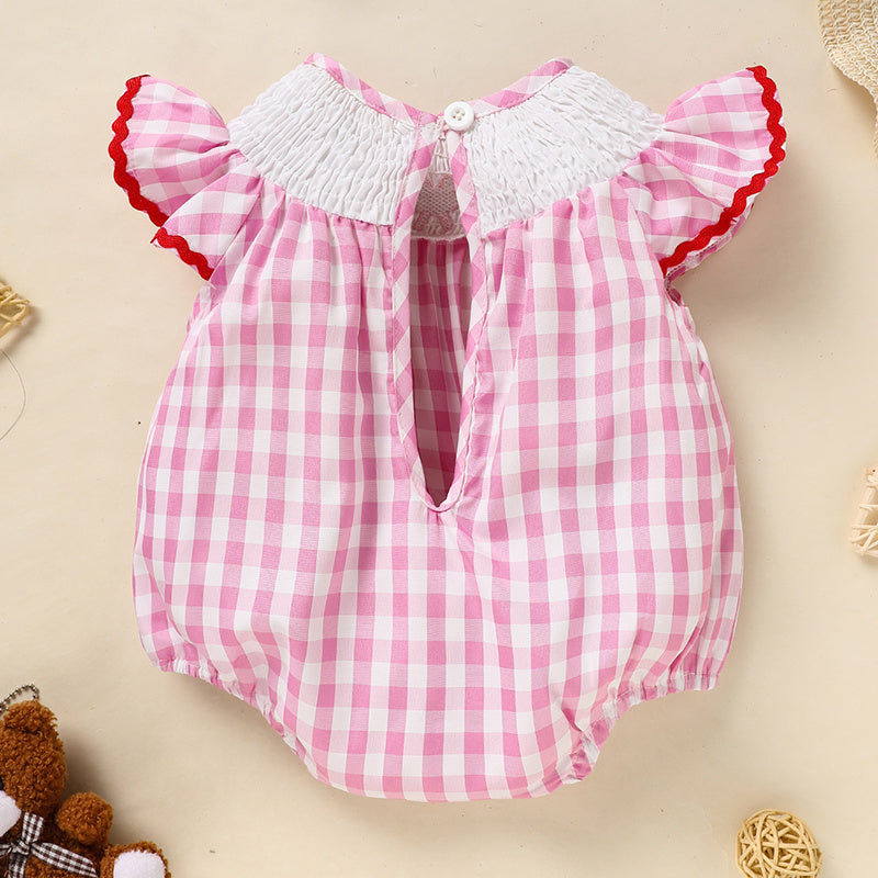 Newborn Baby Girls' Valentine's Day Smocked Romper Ruffle Sleeve Plaid Heart Embroidery Jumpsuit Casual Cute Romper