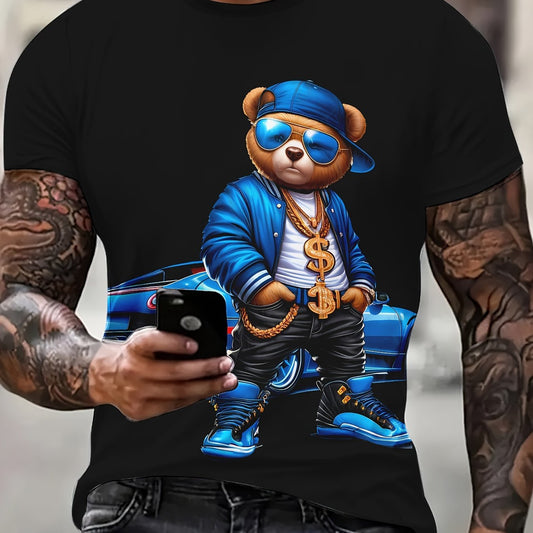 Men's Novelty T-shirt - Cool Bear Printed Casual Round Neck - Loose Short Sleeve - Cartoon Pattern T-shirt - Polyester Fabric - Easy To Care For