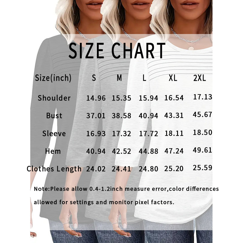Women's 3-Pack 3 4 Sleeve Tunic Tops, Round Neck Pleated Blouse, Dressy Casual Shirts For Spring Summer Fall