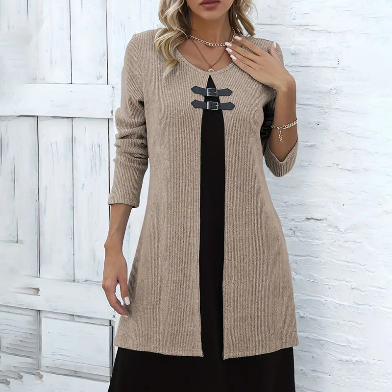Women's Color-Block Midi Dress, Long Sleeve Faux Two-Piece Daily Dress