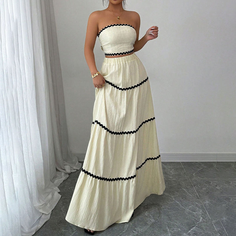 Women's Summer 2-Piece Set, Strapless Tube Top & Flared Ruffle Skirt