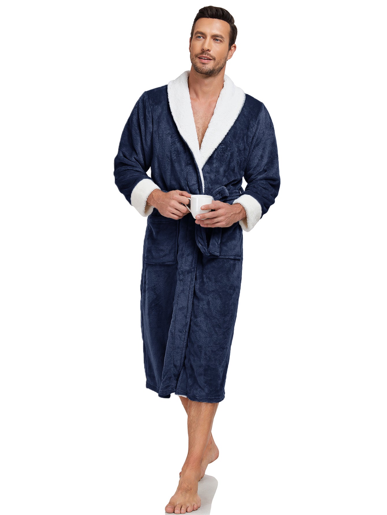 RONGTAI Men's Plush Long Bathrobe, Soft And Warm, Full Length, Shawl Collar, Fleece