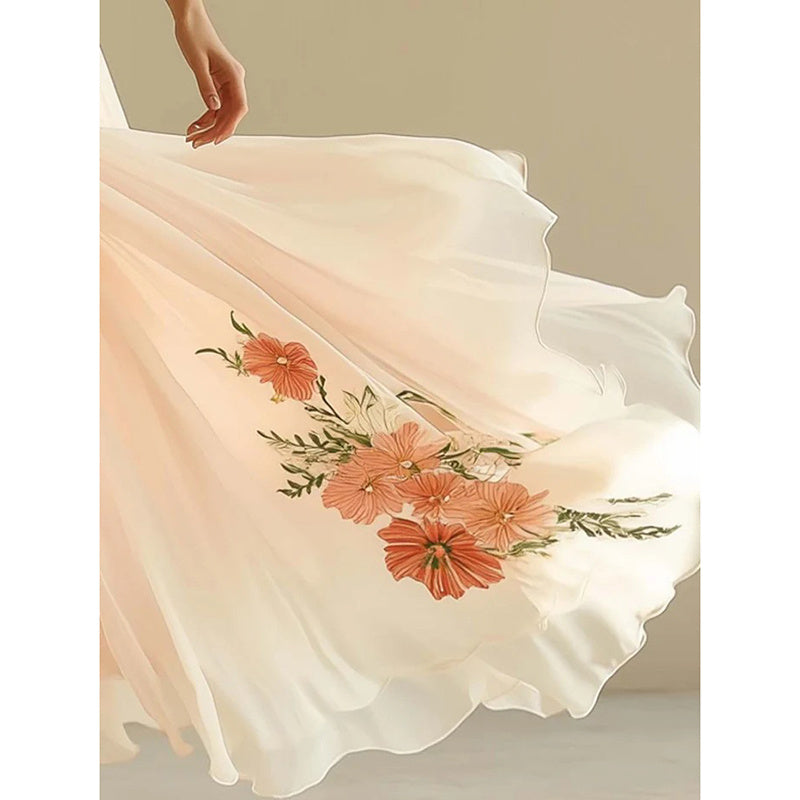 Women's Floral Print V Neck Pleated Chiffon Dress Flutter Short Sleeve Maxi Flowy Beach Wedding Guest Dresses