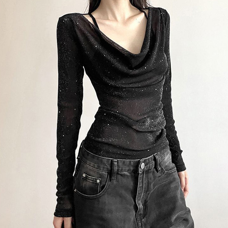 Women's Sparkly Mesh Top - Long Sleeve See Through Sexy Blouse For Party & Club