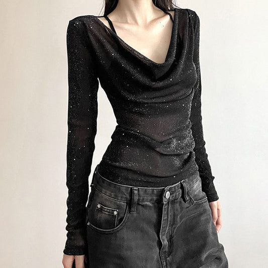Women's Sparkly Mesh Top - Long Sleeve See Through Sexy Blouse For Party & Club
