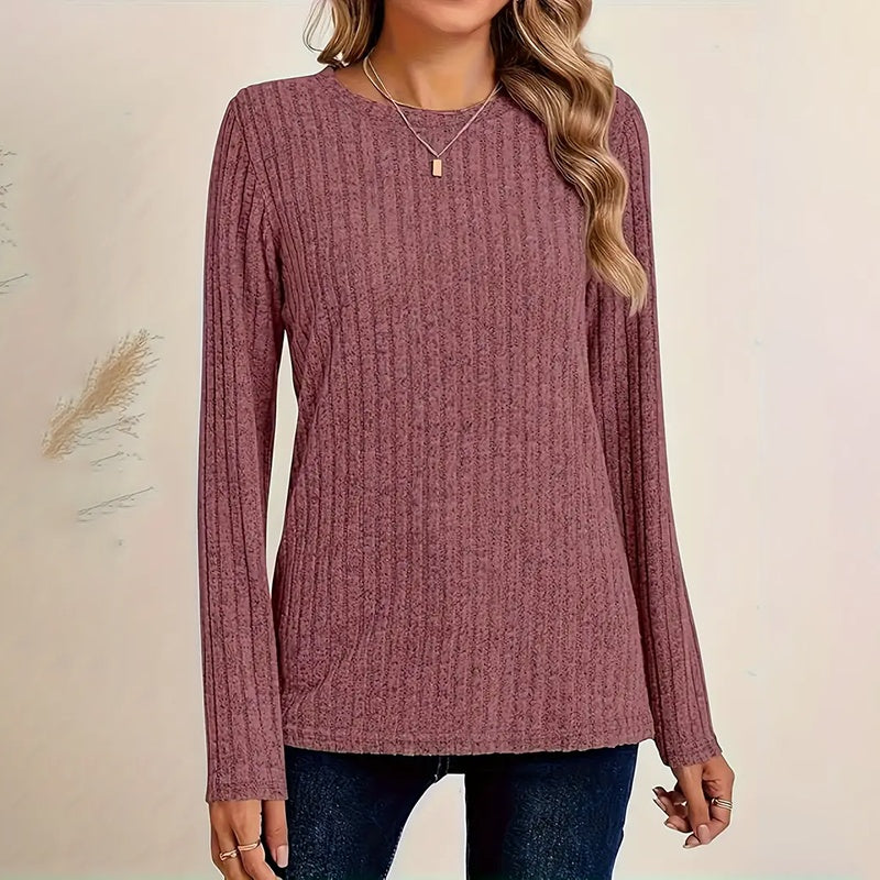 Women's 3 Pack Ribbed Knit Long Sleeve T-Shirt, Slim Fit Crewneck Top, Casual Basic Tee