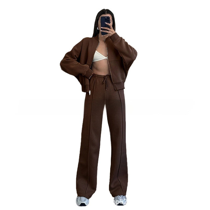 Women's Sports Suits Zipper Jacket And Wide Leg Pants Two-piece Set