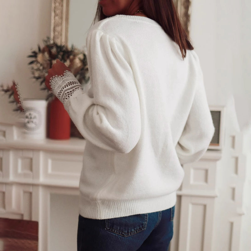 Women's Sweaters V Neck Lace Trim Long Sleeve Fall Pullover Tops Trendy Outfits For Women