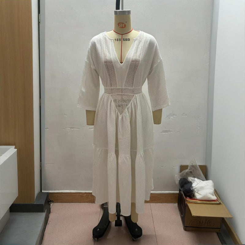 Women's Solid Color Deep V-Neck Long Sleeve Translucent Stitching Design Maxi Beach Bohemian Style Dress