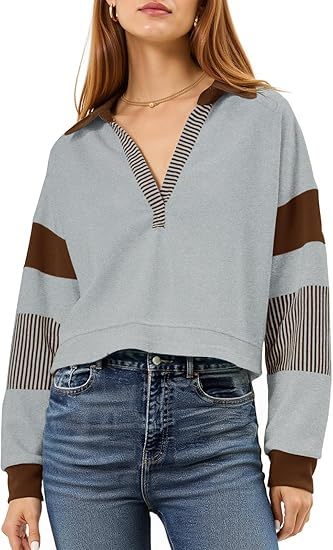Fisoew Women's Long Sleeve Crop Tops Polo V Neck Color Block Casual Loose Pullover Cropped Sweatshirt