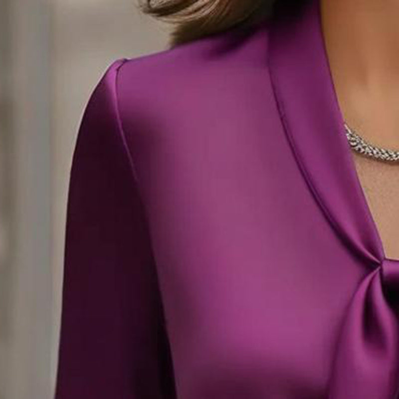 Women's Elegant Satin Blouse, Long Sleeve Button Down Shirt With Ribbon Detail For Office Work