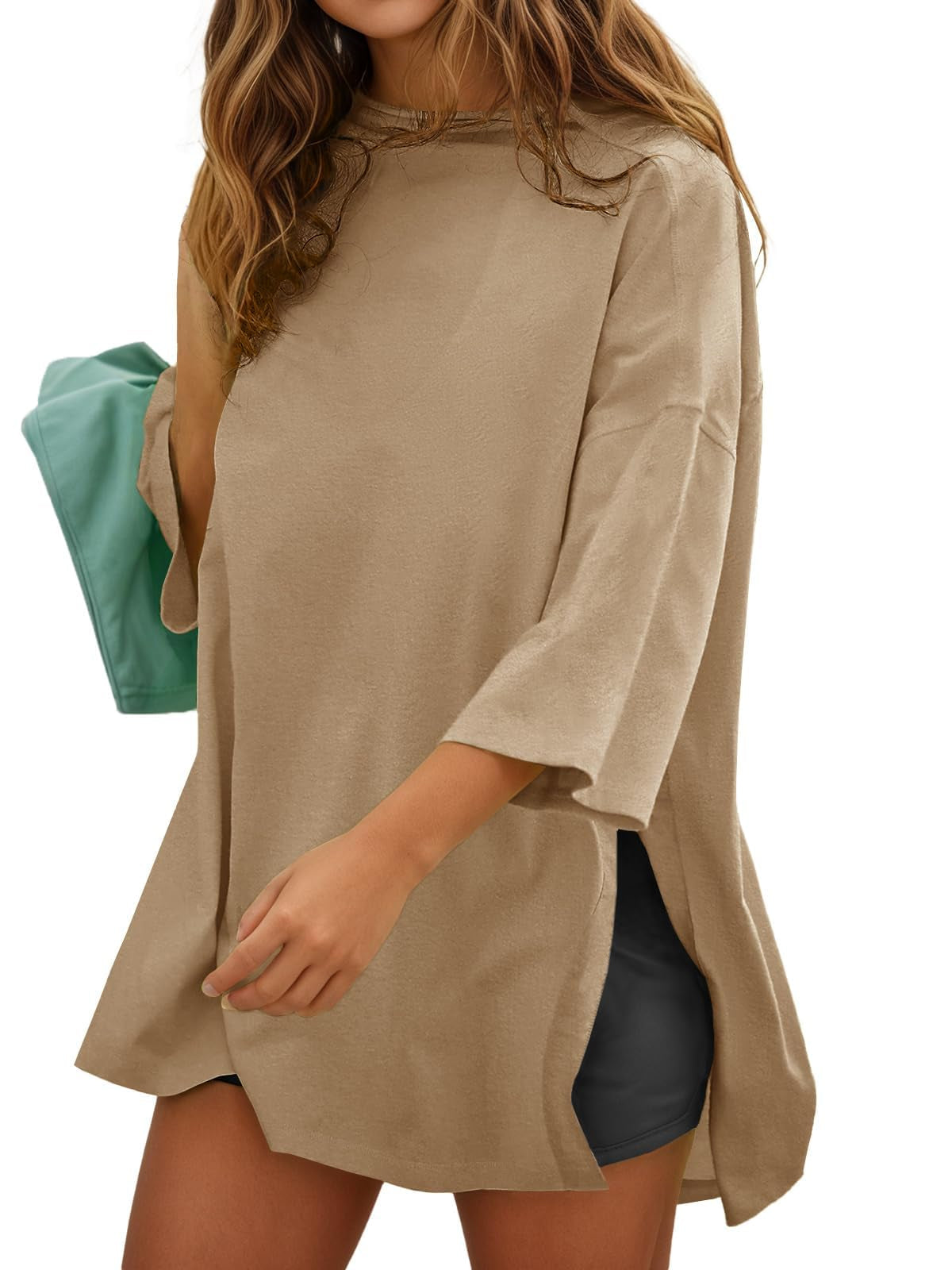 Fisoew Womens Oversized T Shirts Casual Sleeve Side Slit Workout Gym Loose Fit Summer Tee Tunic Tops