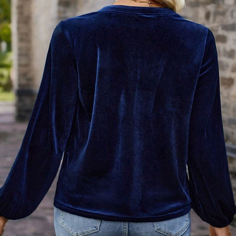 Women's Solid Color V-Neck Button Detail Long Sleeve Pullover Top Casual Elegant Office Blouse