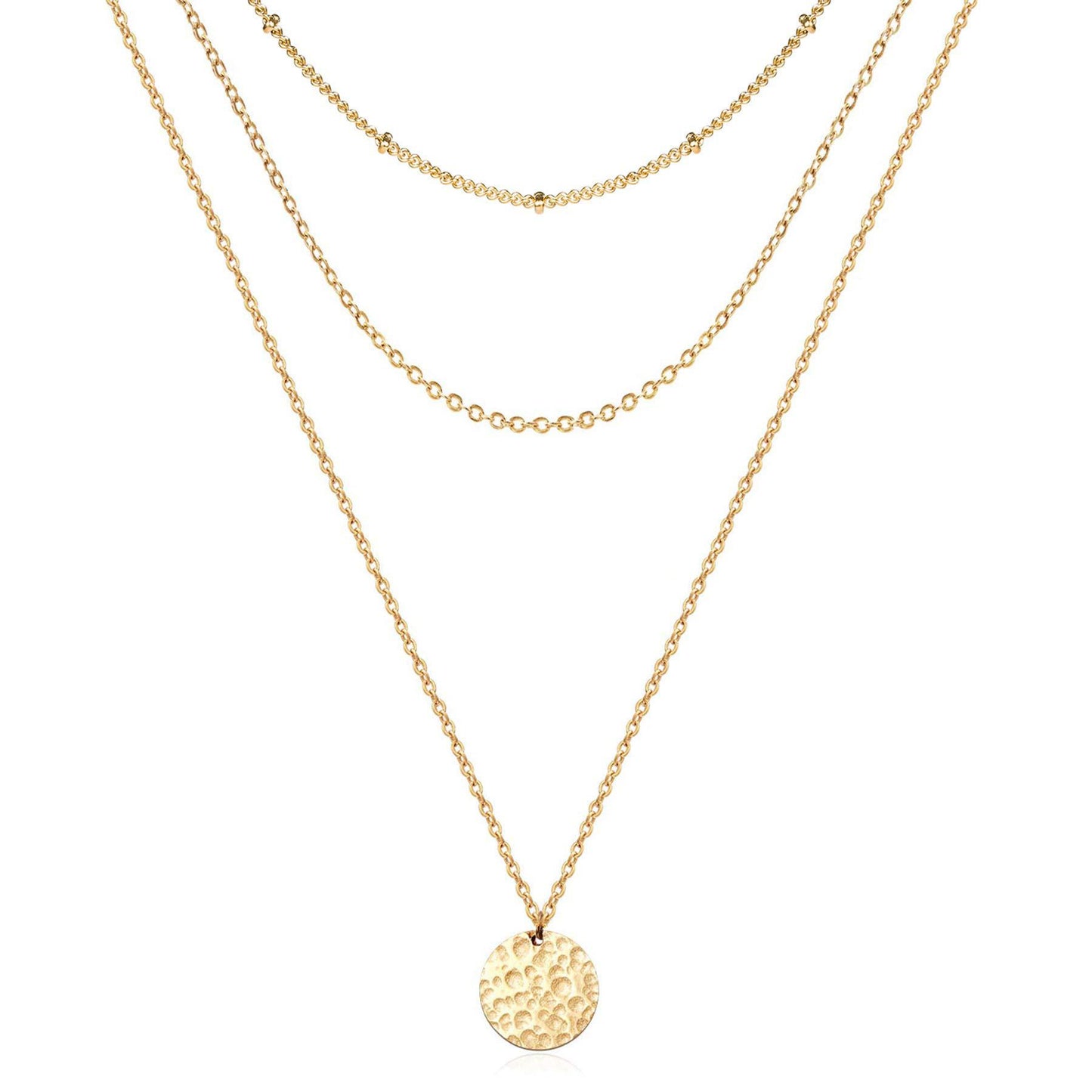 Hammered Coin Layered Necklace Set 14K Real Gold Plated Ball Chain Choker Necklace For Women
