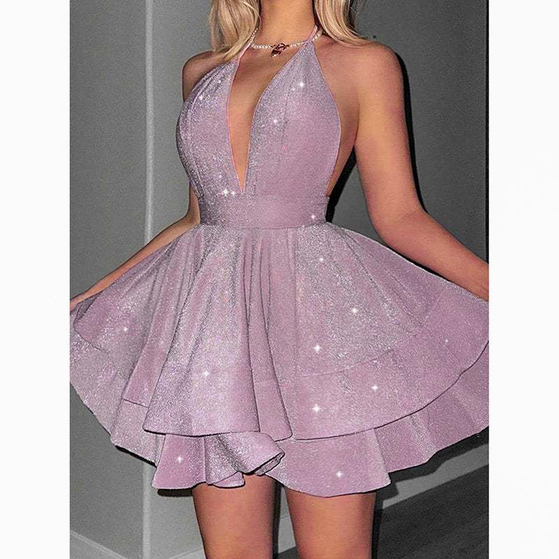 Women's Sparkly Halter Deep V Neck Backless Ruffle Sleeveless Sexy Mini Dress