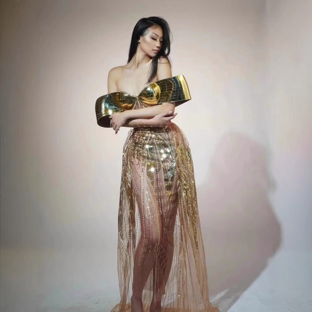 Gold Strapless Sequined Split Dress Women Tube Top Tulle