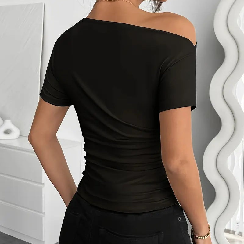 Women's Y2K Ruched One-Shoulder Top - Short Sleeve Slim Fit Summer Shirt