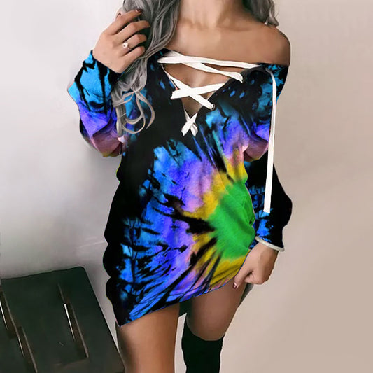 Women's Printed Off-shoulder Corns Lace-up Long Sleeve Top