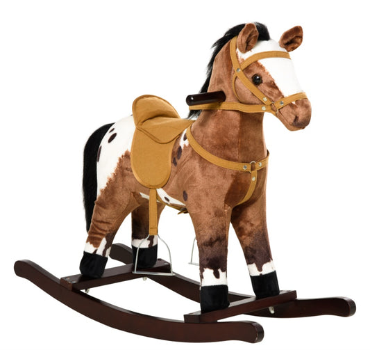Rocking Horse Kids Plush Ride-On Toy Nursery Rhyme Music 18-36 Months Light Brown White Perfect Gift For Toddlers