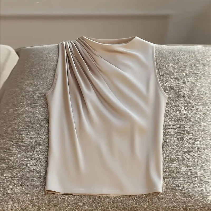 Women's Elegant Sleeveless Mock Neck Top, Ruffle Detail Solid Color Blouse For Office And Casual Wear