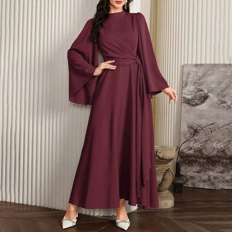 Women's Middle Eastern Flare Sleeve Maxi Dress, High Neck Twist Waist A-Line Gown