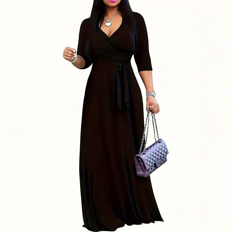 Women's Summer Geometric Print Maxi Dresses Casual 3 4 Sleeve V-Neck Tie Waist Long Dress