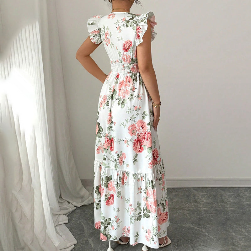 Womens Casual Summer Maxi Dress Flutter Short Sleeve V Neck Smocked A Line Flowy Beach Vacation Long Dresses