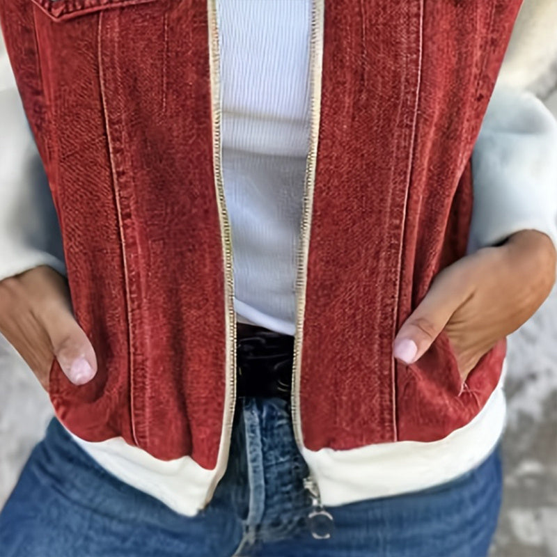 Women's Denim Patchwork Zip-Up Jacket Stand Collar Casual Coat With Button-Decorated Flap Pockets Fall Winter Fashion Outerwear