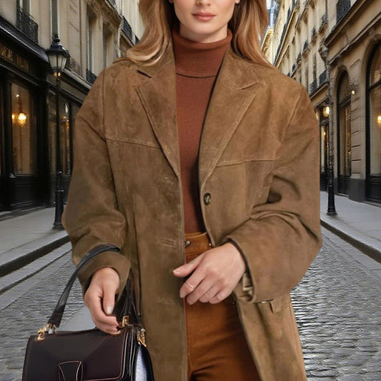 Women's Suede-Look Blazer Jacket, Classic V-Notch Lapel Button Front Coat, Machine Washable Versatile Casual Jacket