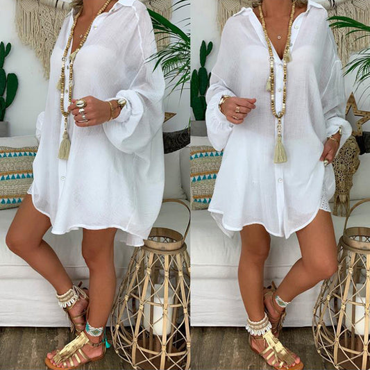 Plus Size Women's Solid Color Notch Lapel Long Sleeve Dress With Button Front Sheer Lightweight Midi Dress For Summer