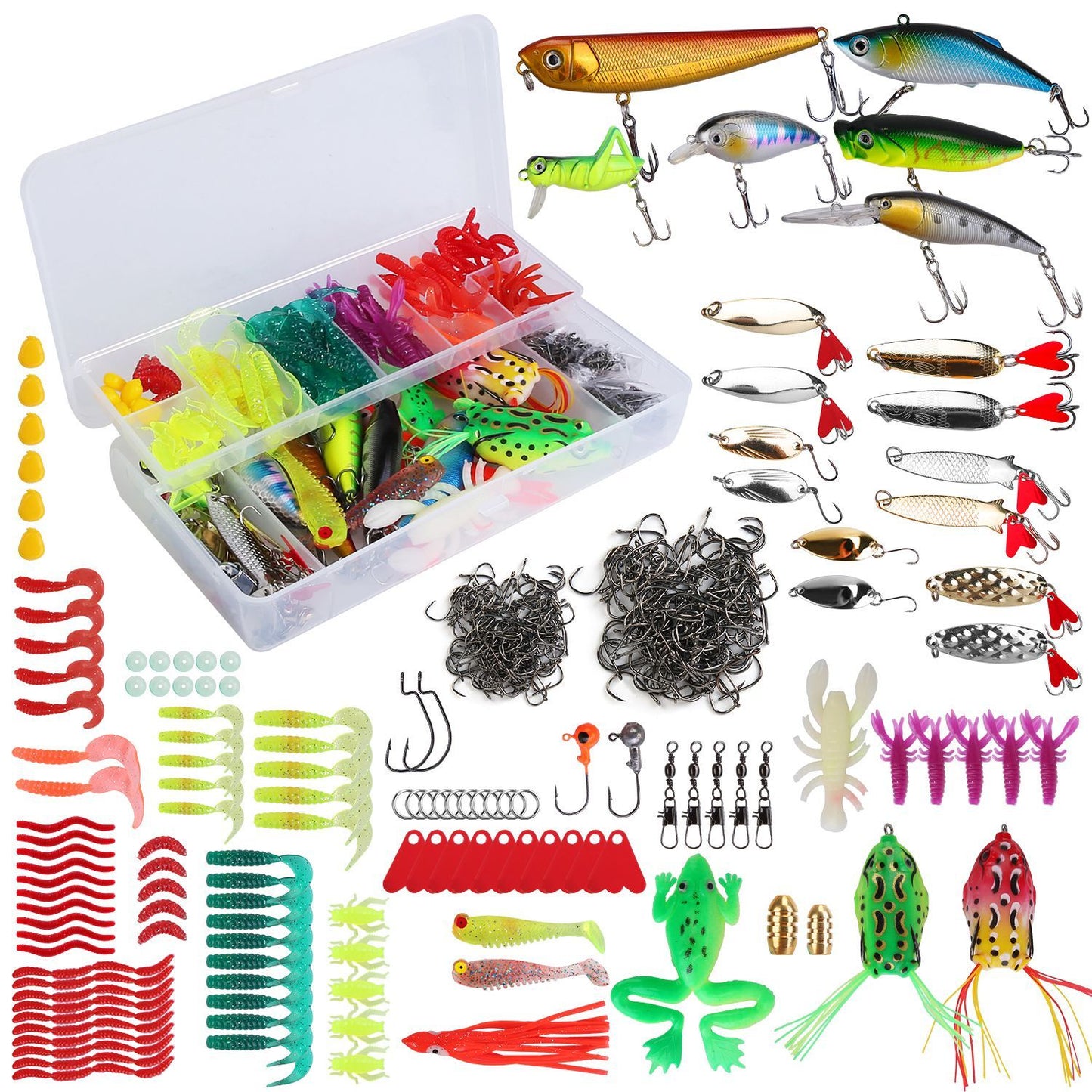 375Pcs Fishing Baits And Tackle Box Saltwater Freshwater Fishing Lures Kit Lifelike Popper Crankbaits Crickets Frogs Spoon Lures Maggots