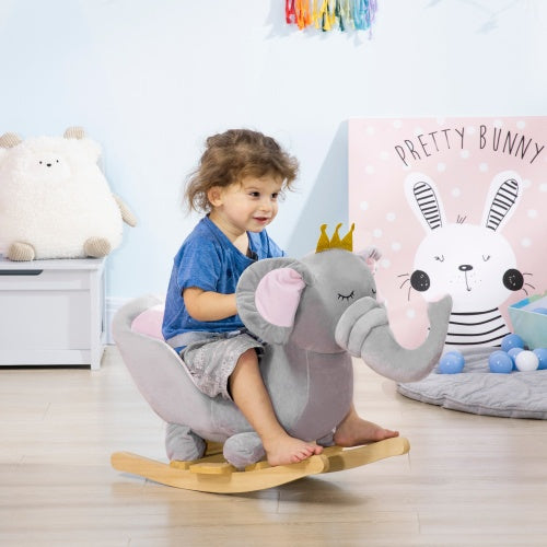 Qaba Baby Rocking Horse Elephant Rocking Chair Toddler Rocker Toy With Sound Wooden Base Seat Safety Belt For 1.5-3 Year Old, Gray