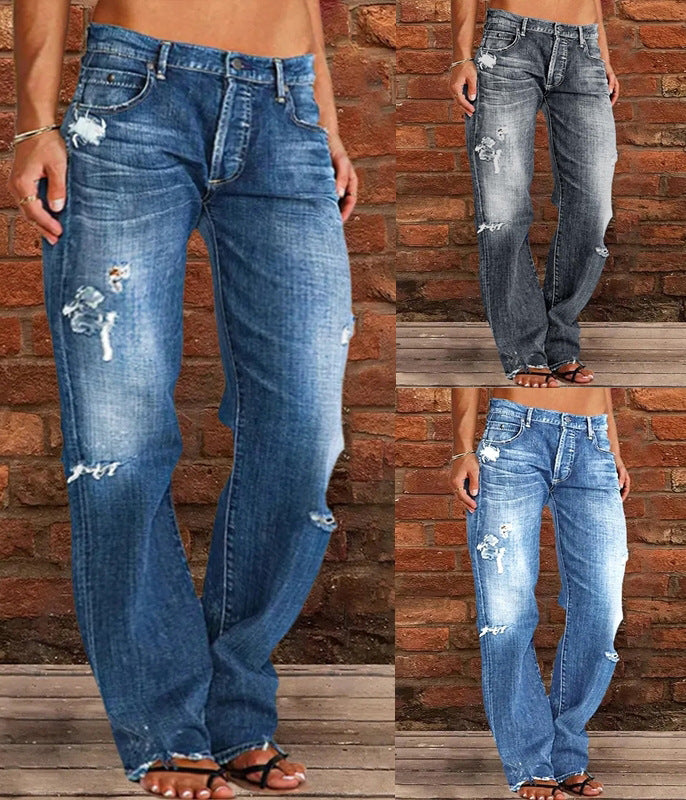 Ripped Jeans Loose Wide Leg Denim Pants Leisure Commuting Trousers Women's Clothing