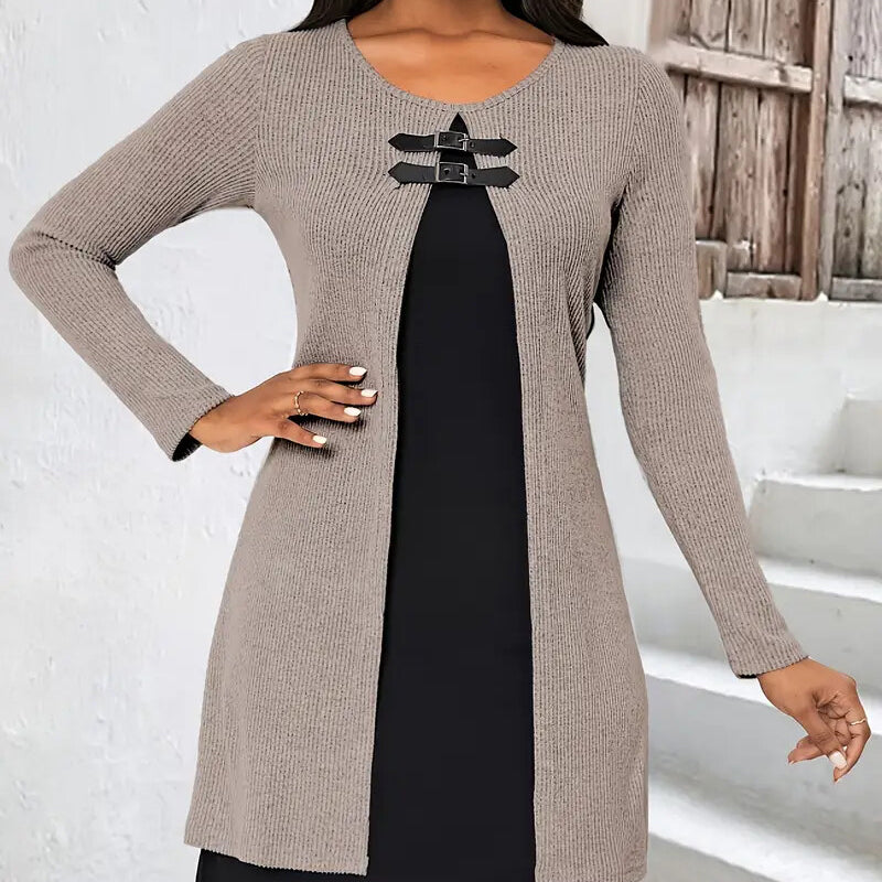Women's Color-Block Midi Dress, Long Sleeve Faux Two-Piece Daily Dress