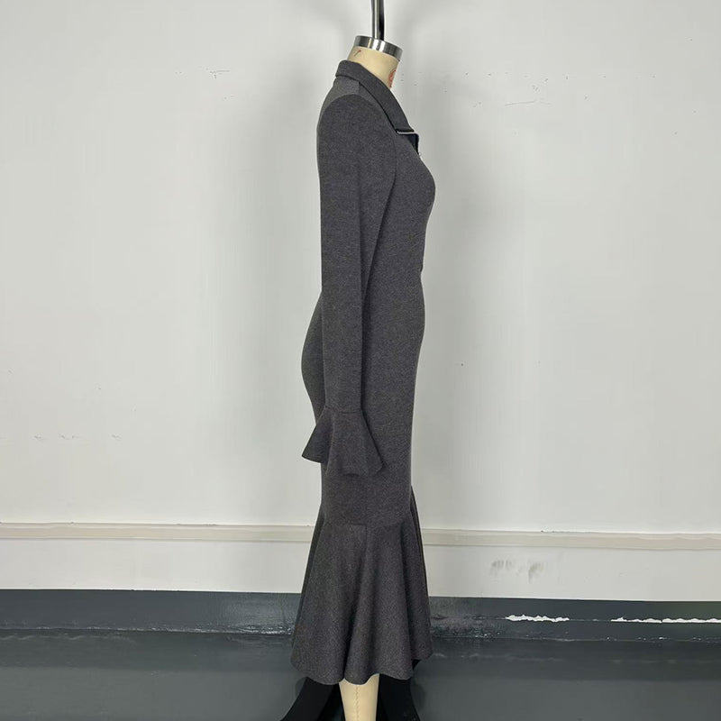 Women's Half Zip Bodycon Dress - Flared Sleeve & Fishtail Hem Long Sleeve Dress