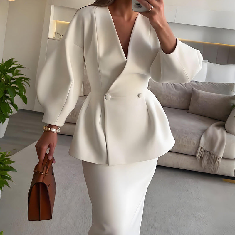 Women's Solid Color 2-Piece Set, Button Bubble Sleeve Jacket & Maxi Skirt, Office To Party Outfit