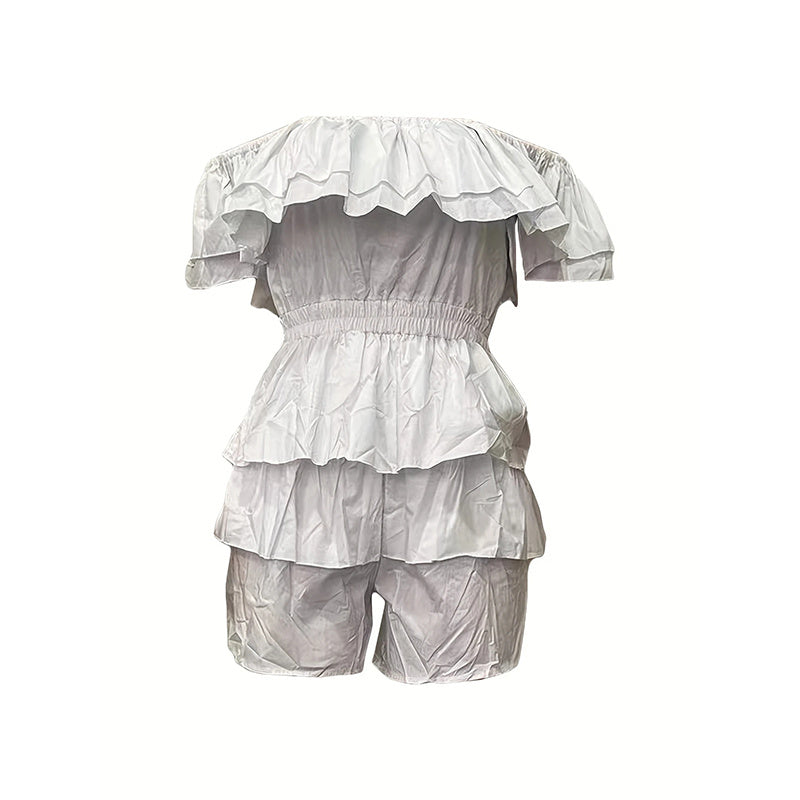 Womens Sexy Off Shoulder Rompers Summer Ruffle Short Sleeve Tiered Short Jumpsuits