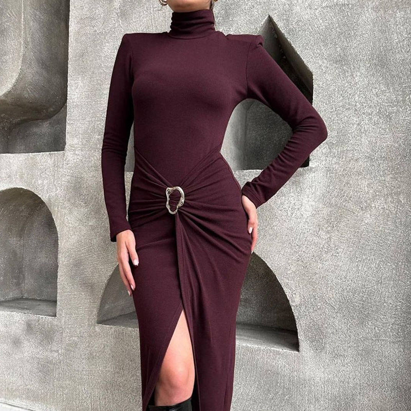 Women's Waist Twist Bodycon Midi Dress, Long Sleeve High Neck Cocktail Dress For Party Wedding Guest