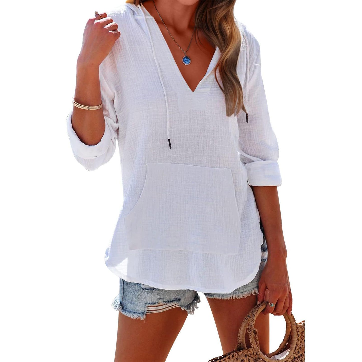 V-neck Hooded Shirt With Pockets Fashion Sports Long-sleeved Split Shirts Tops For Women Clothing