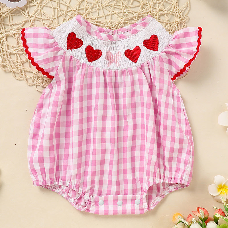Newborn Baby Girls' Valentine's Day Smocked Romper Ruffle Sleeve Plaid Heart Embroidery Jumpsuit Casual Cute Romper