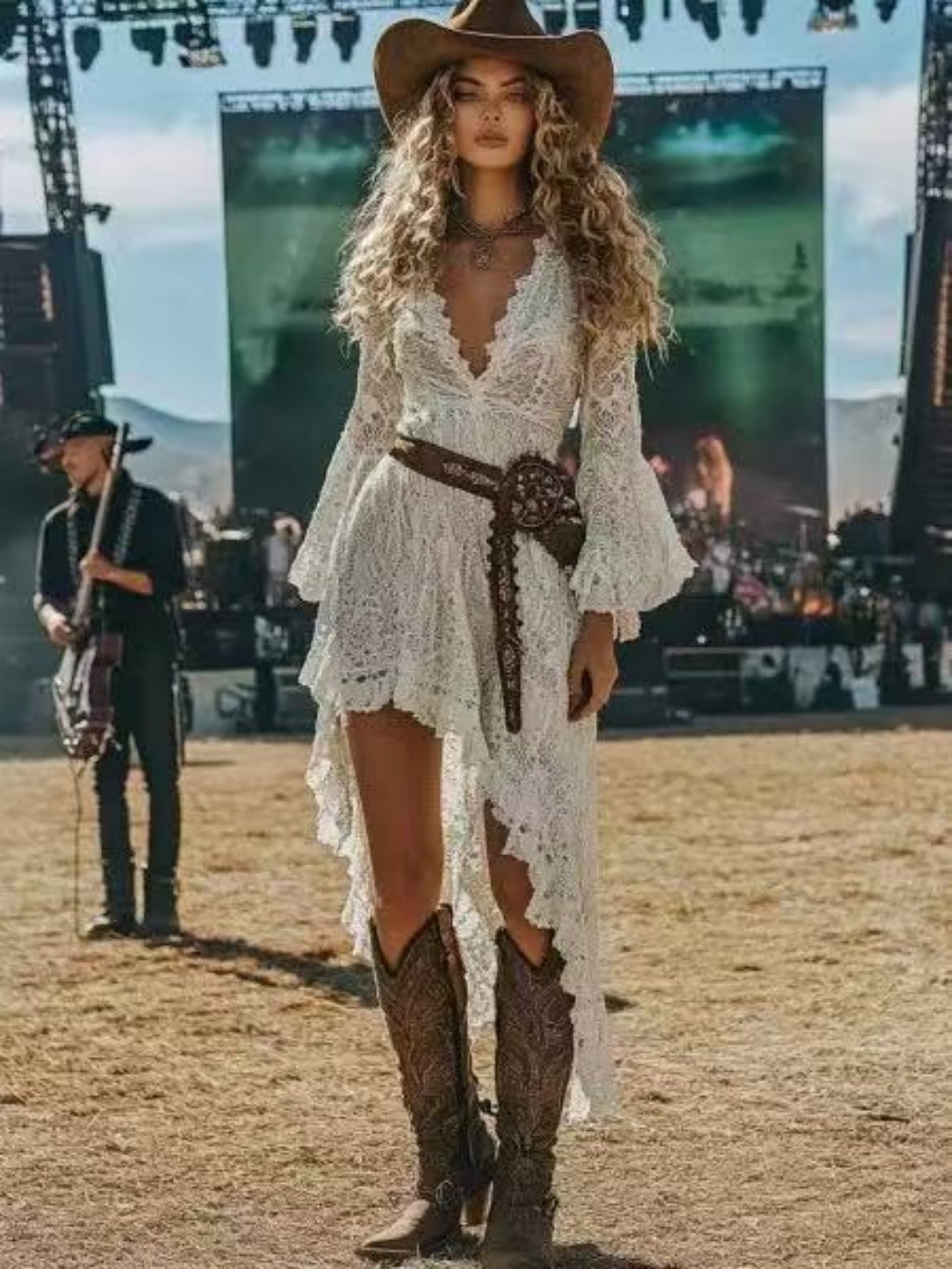 New Women's Vintage Western-style Lace Dress With Irregular Lace Pattern For Music Festivals