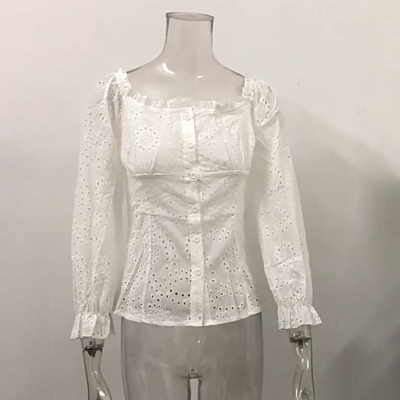Women's Square Neck Puff Sleeve Eyelet Lace Hollow Out Button Top Blouse