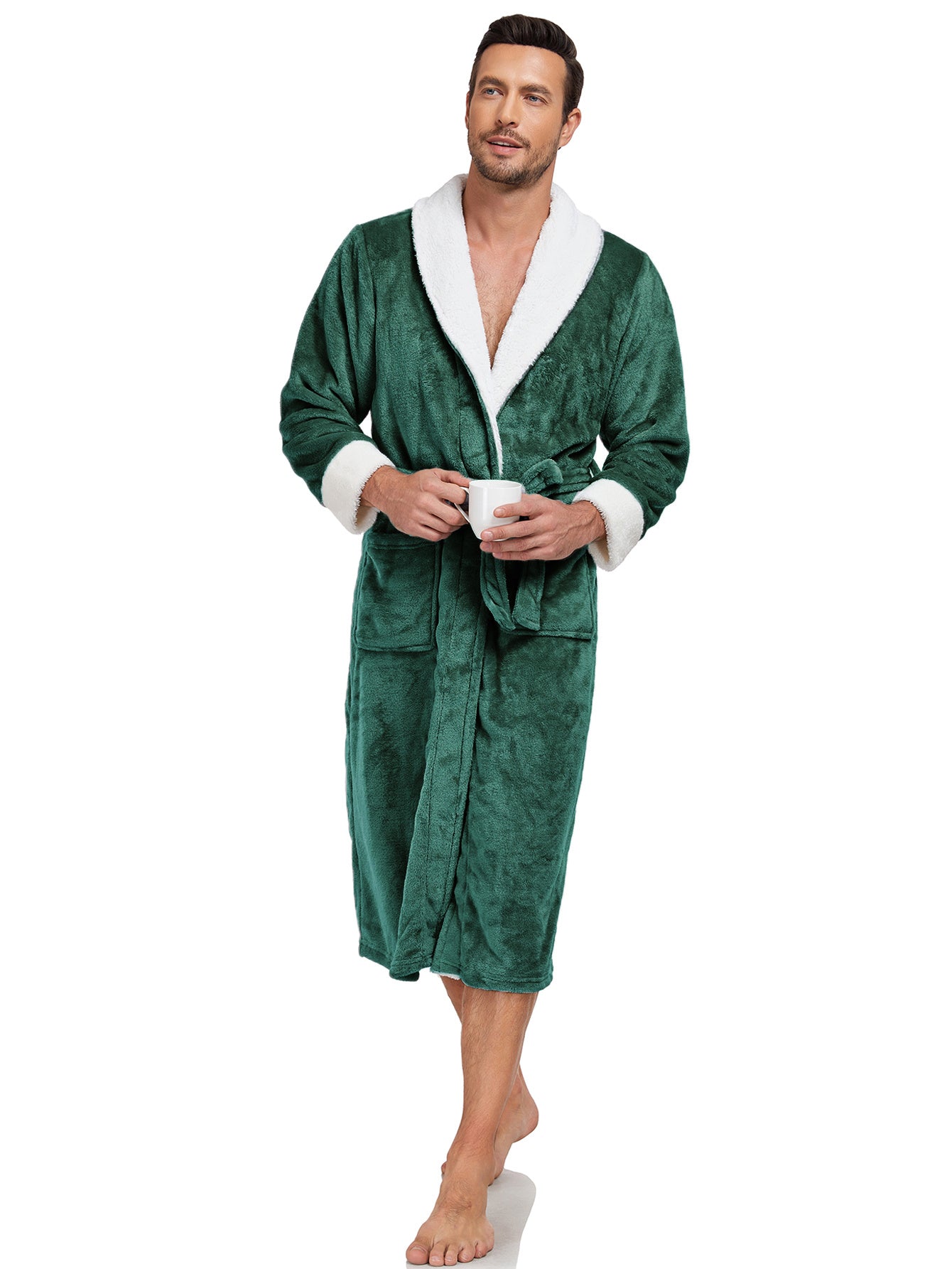 RONGTAI Men's Plush Long Bathrobe, Soft And Warm, Full Length, Shawl Collar, Fleece