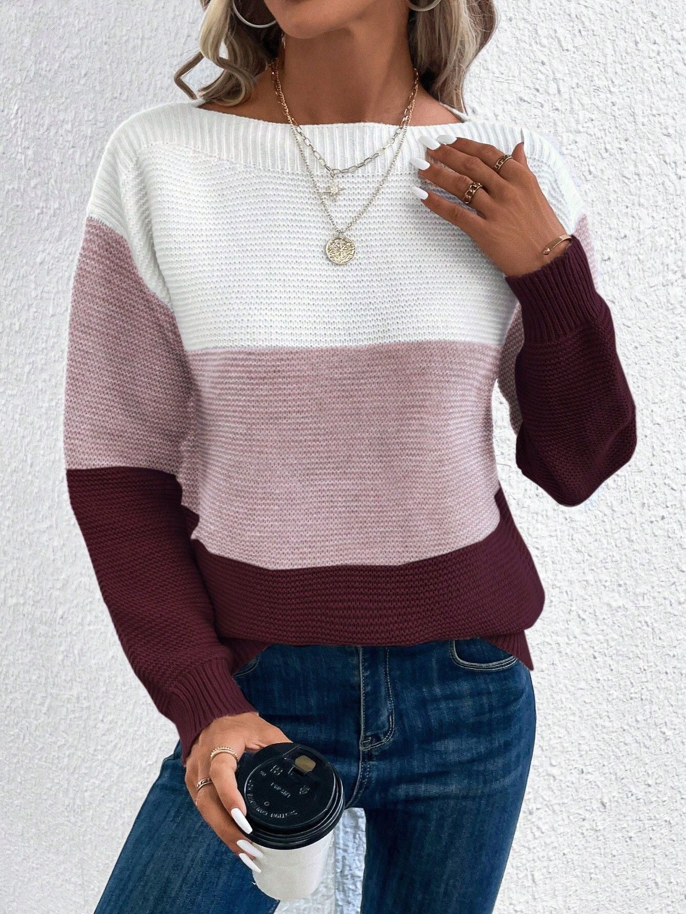 Women's Round Neck Splicing Knitwear Loose Top Sweater