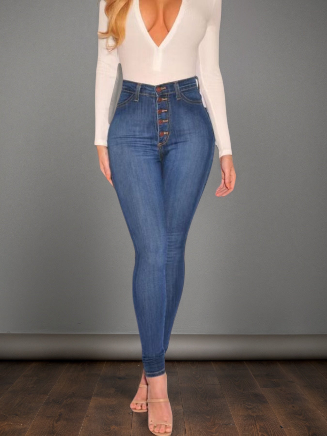 Women's Mid Blue High Waisted Buckle Tight Jeans Are Comfortable To Wear. High Waist Design, Buckle Design Adds A Sense Of Fashion,