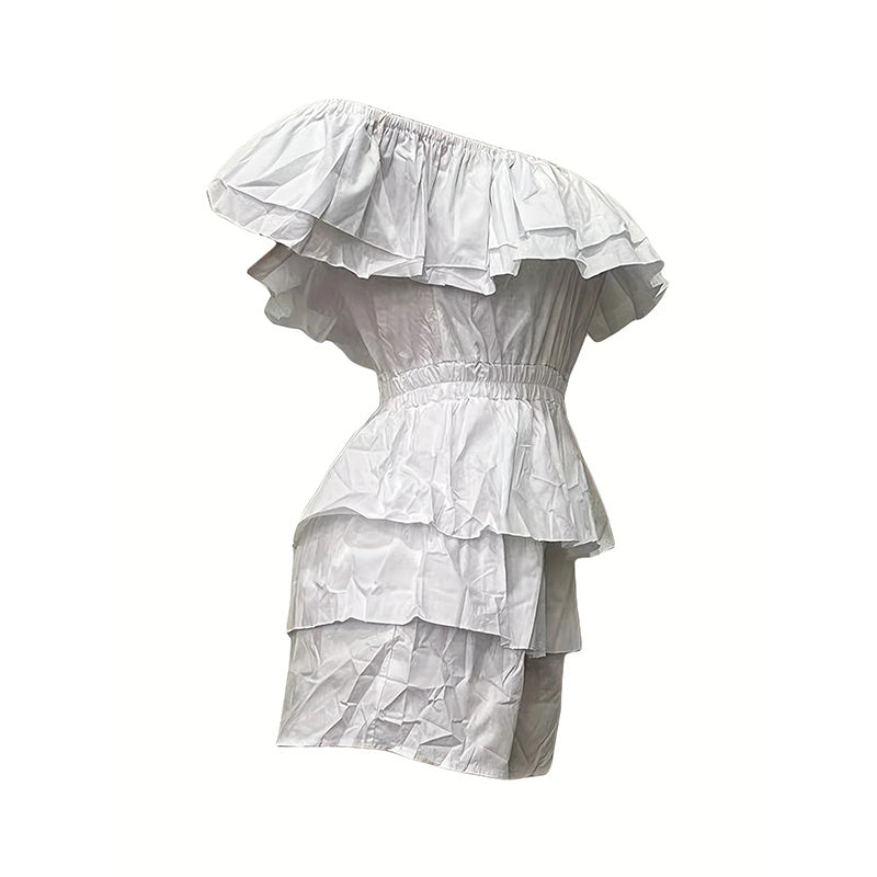 Womens Sexy Off Shoulder Rompers Summer Ruffle Short Sleeve Tiered Short Jumpsuits