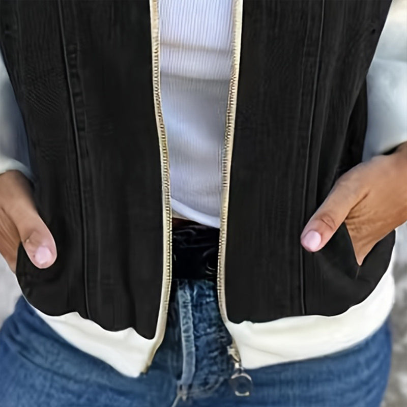 Women's Denim Patchwork Zip-Up Jacket Stand Collar Casual Coat With Button-Decorated Flap Pockets Fall Winter Fashion Outerwear